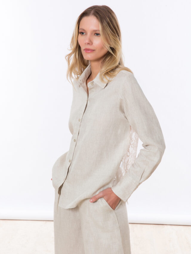 CAMISA CHLOE RENDA LINHO AREIA